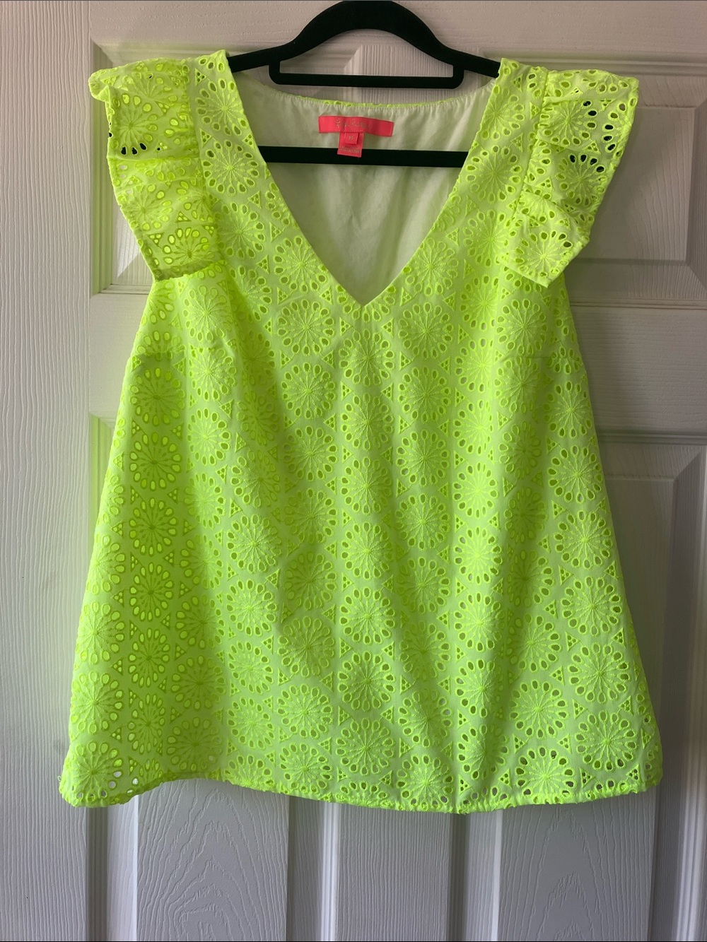 Lilly Pulitzer Lina eyelet ruffle top in Prickly Pear neon yellow size med